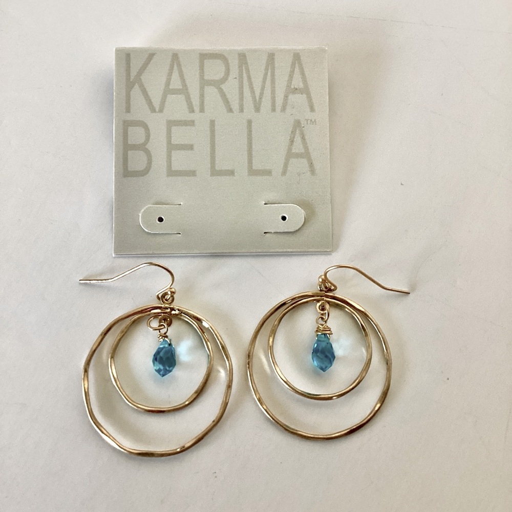 Karma Bella Hammered Gold Tone Teal Blue Briolle Double Hoop Dangle Earrings